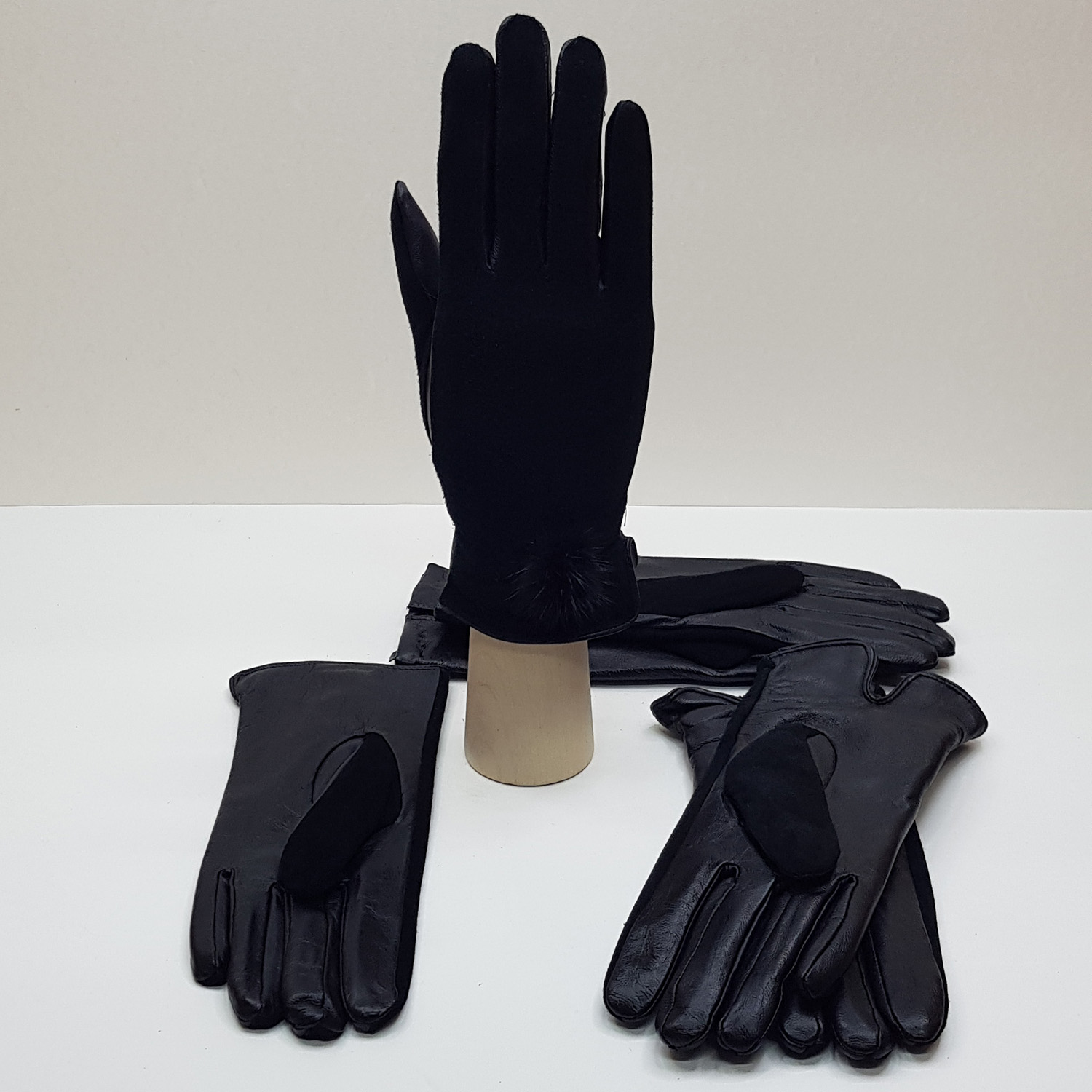 Перчатки женские комбинированные замша-кожа с меховой подкладкой №1 (Упаковка 5 шт.)