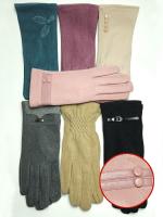 Перчатки женские зимние из хлопка, флиса и вискозы с подкладкой из экомеха с двумя кожаными вставками и пуговицами в цвет на запястии (упаковка 12 пар)