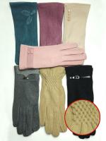 Перчатки женские зимние из хлопка, флиса и вискозы с подкладкой из экомеха с вышитым ромбовидным узором на запястии (упаковка 12 пар)