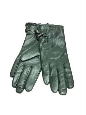 Перчатки женские кожаные с подкладой из шерсти с бантиком на запястии (упаковка 5 пар) темно-зеленые