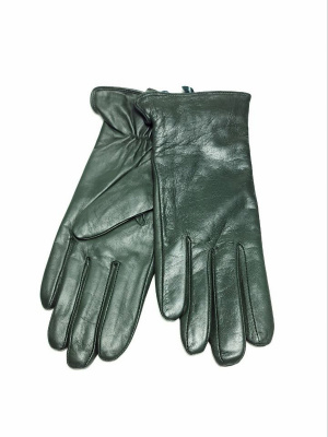 Перчатки женские кожаные с подкладой из шерсти с заужением на запястии (упаковка 5 пар) темно-зеленые