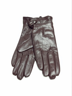 Перчатки женские кожаные с подкладой из шерсти со вставкой с перфорацией и ремешком на кнопке на запястии (упаковка 5 пар) темно-коричневые
