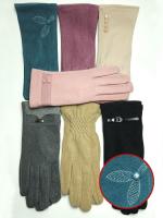 Перчатки женские зимние из хлопка, флиса и вискозы с подкладкой из экомеха с вышивкой цветочком и пуговицей (упаковка 12 пар)