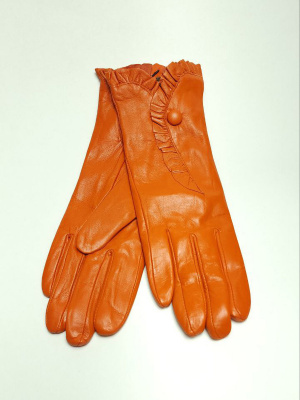 Перчатки женские кожаные с подкладой из шерсти с декоративной окантовкой края запястия и кнопкой (упаковка 5 пар) оранжевые