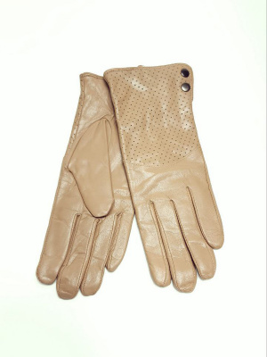 Перчатки женские кожаные с подкладой из шерсти с перфорацией и двумя кнопками (упаковка 5 пар) бежевые