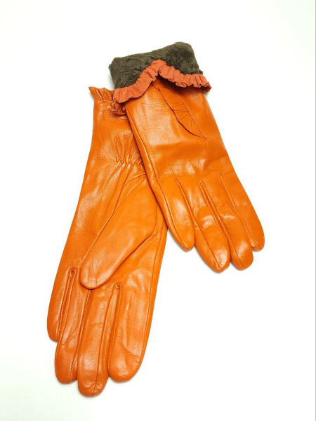 Перчатки женские кожаные с подкладой из шерсти с декоративной окантовкой края запястия и кнопкой (упаковка 5 пар) оранжевые
