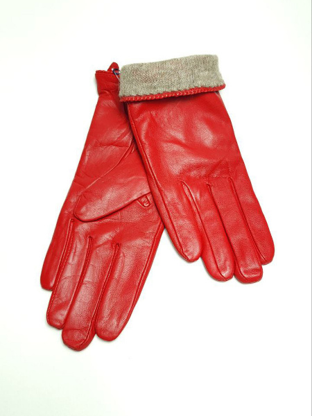 Перчатки женские кожаные с подкладой из шерсти с плетеным кантом и треугольным брелоком на запястии (упаковка 5 пар) красные