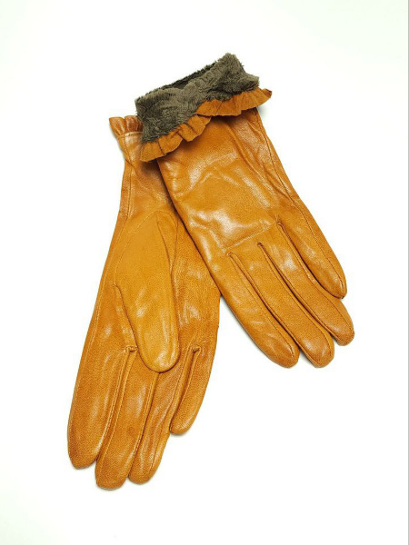 Перчатки женские кожаные с подкладой из шерсти с декоративной окантовкой края запястия (упаковка 5 пар) желтые